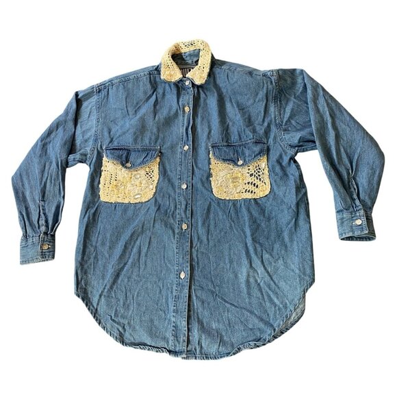 Quizz New York Denim Button Down Lace & Pearl Detail Long Sleeve Small - Picture 1 of 10